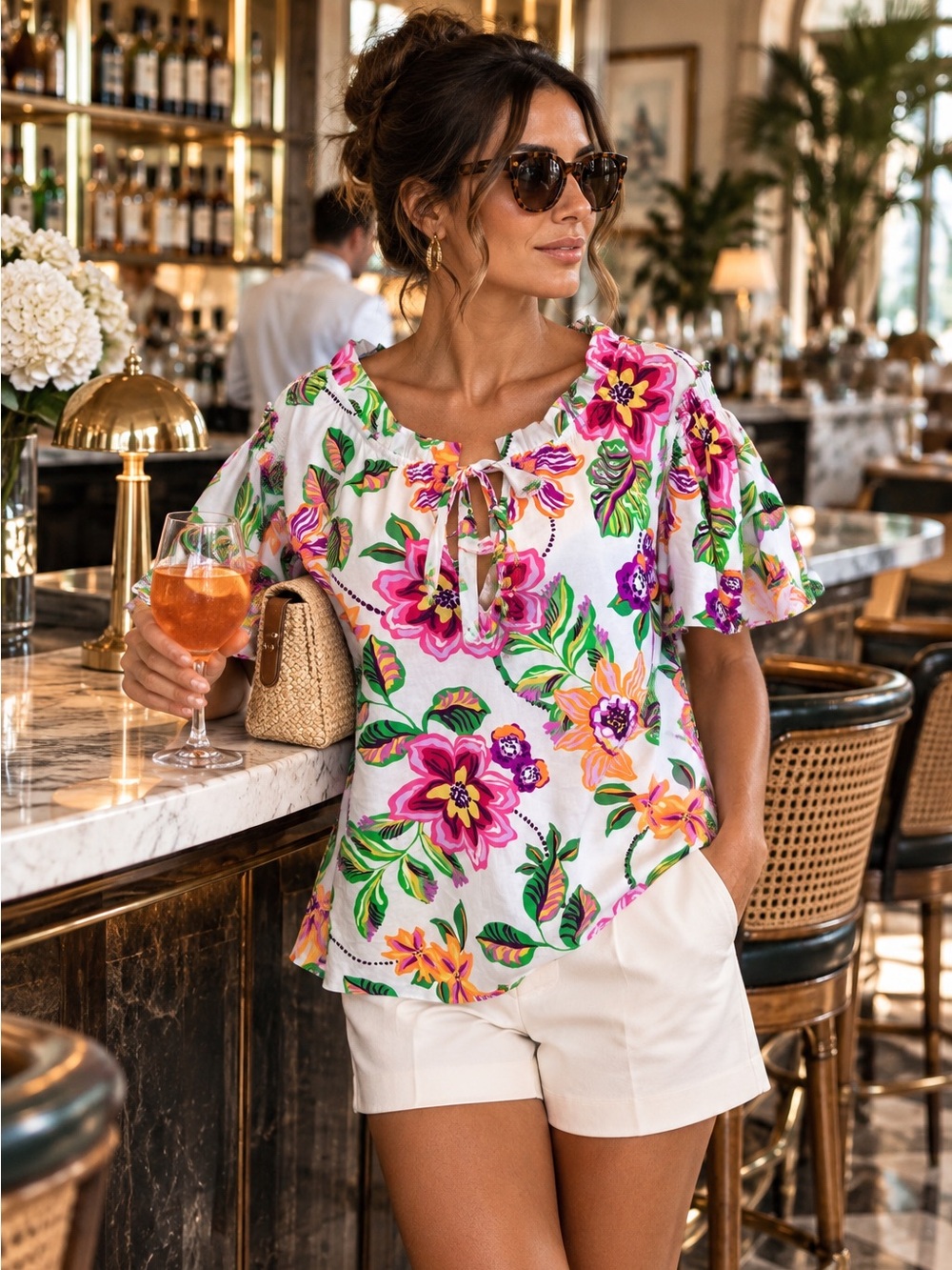 MISA LOS ANGELES White Multicolor Ruffle Sleeve Tie Neck Resortwear Blouse, S